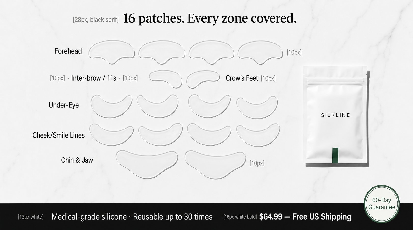 Silkline 16-piece patch kit — all zones labelled