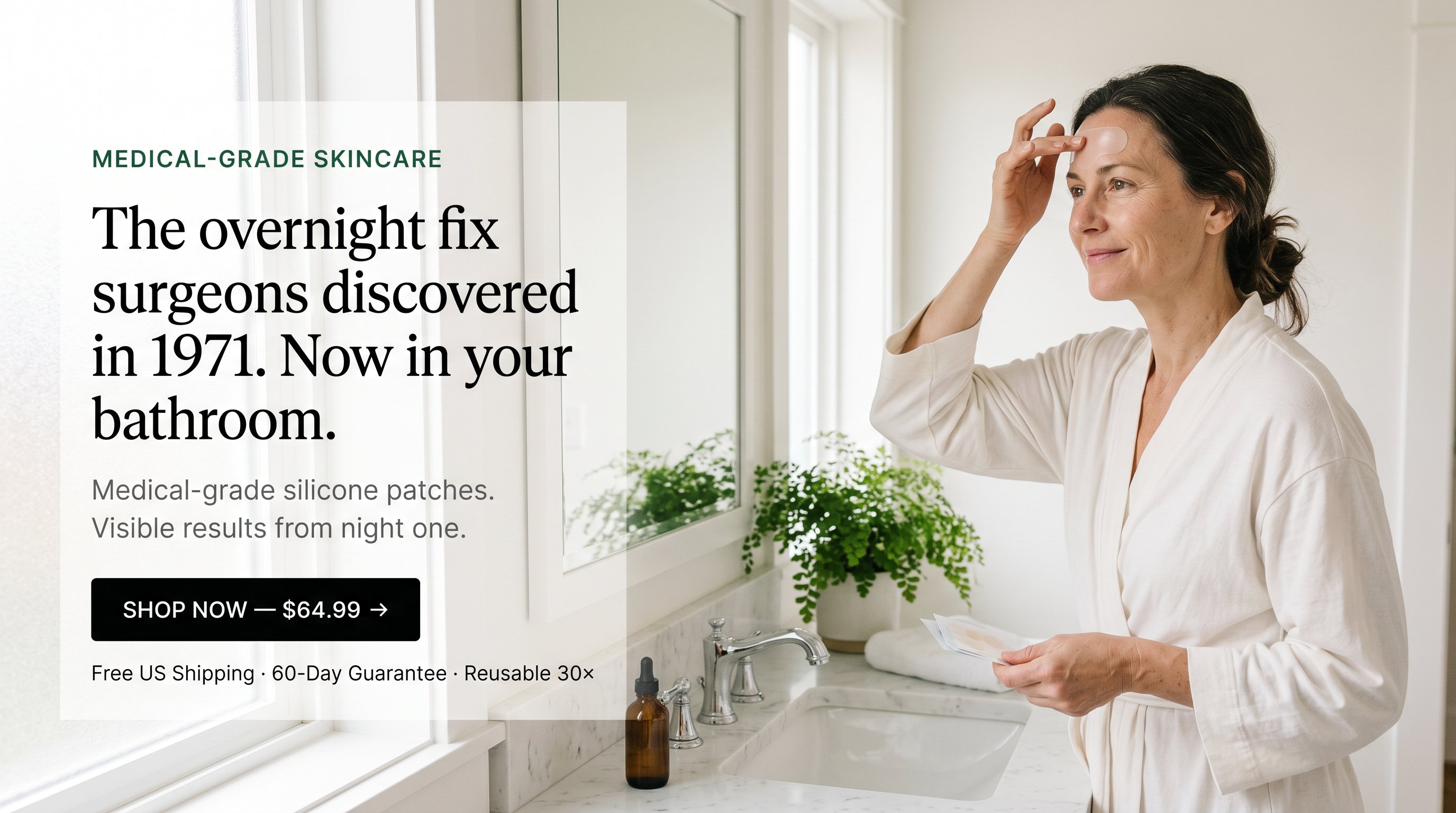 Woman applying Silkline patch at bathroom vanity